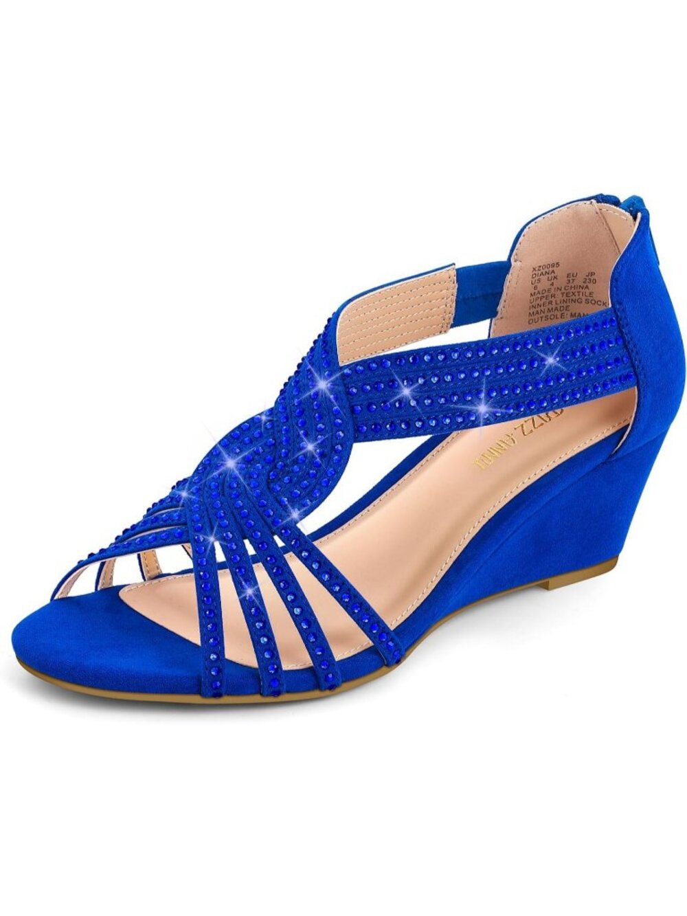 Women's Royal Blue Rhinestone Sparkle Low Wedge Sandals Open Toe Dress Shoes